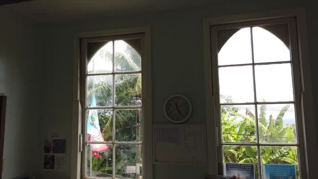 View of tropical foliage and ocean through arched windows Pitcairn Islands.