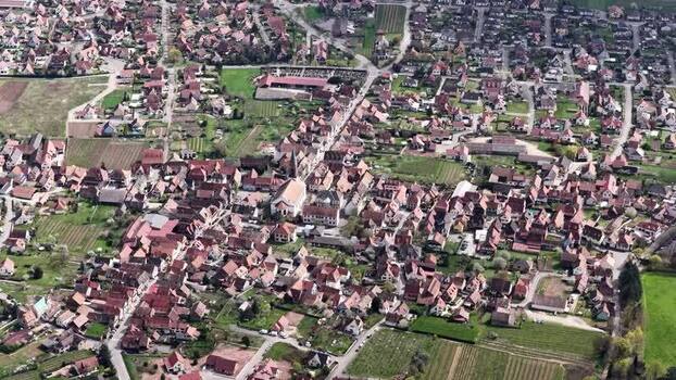 Aerial view of Kintzheim buildings and fields France.