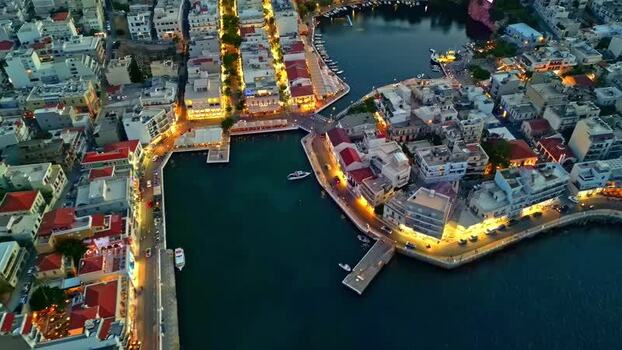 Aerial view of Agios Nikolaos harbor and Voulismeni lake Greece.