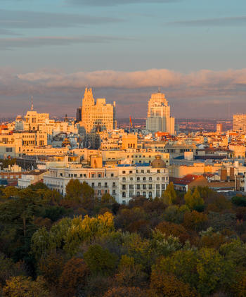 Aerial view of El Retiro Park with the Madrid skyline glowing in the warm sunset light featuring historic buildings and lush autumn trees in Madrid Community of Madrid Spain.