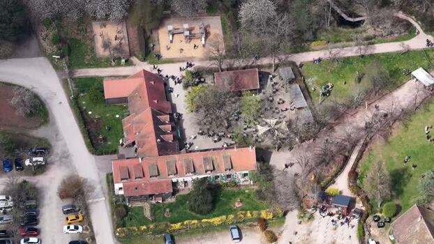 Aerial view of playground and green forest France.