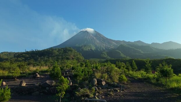 Aerial view of Mount Merapi with smoke at the peak Indonesia.