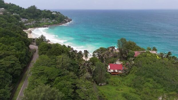 Aerial view of Mahe coastline and beach Seychelles.