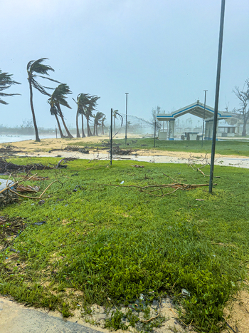 San Jose Tinian Northern Mariana Islands 06 July 2026 View of typhoon damage on a beach with palm trees bending in strong winds scattered debris on grass and a damaged structure. San Jose Tinian Northern Mariana Islands 06 July 2026 View of typhoon damage on a beach with palm trees bending in strong winds scattered debris on grass and a damaged structure.