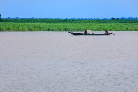 View of a lone fisherman rowing a small wooden boat on the calm waters of the river with lush green fields in the background in Kushtia Khulna Division Bangladesh. View of a lone fisherman rowing a small wooden boat on the calm waters of the river with lush green fields in the background in Kushtia Khulna Division Bangladesh.