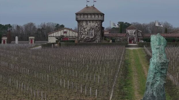 Aerial view of Chateau Smith Haut Lafitte vineyard and tower France.