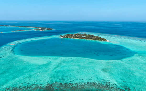 Aerial view of the tropical island of Vaanee surrounded by a vibrant turquoise lagoon and coral reefs under a clear blue sky in Vaanee Dhaalu Atoll Maldives. Aerial view of the tropical island of Vaanee surrounded by a vibrant turquoise lagoon and coral reefs under a clear blue sky in Vaanee Dhaalu Atoll Maldives.