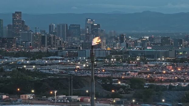 Aerial view of Suncor Energy refinery flare stack United States.