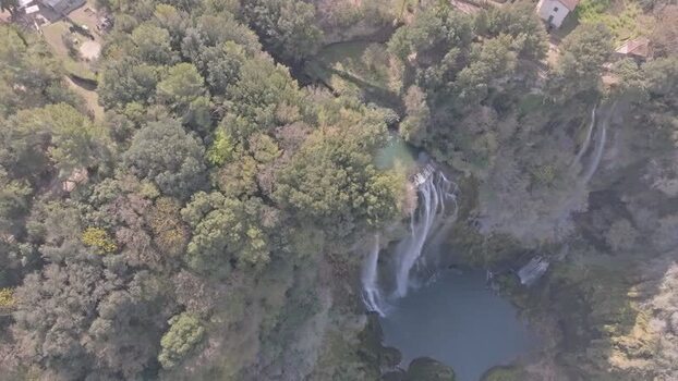 Aerial view of Marmore Falls cascading in Terni Italy.