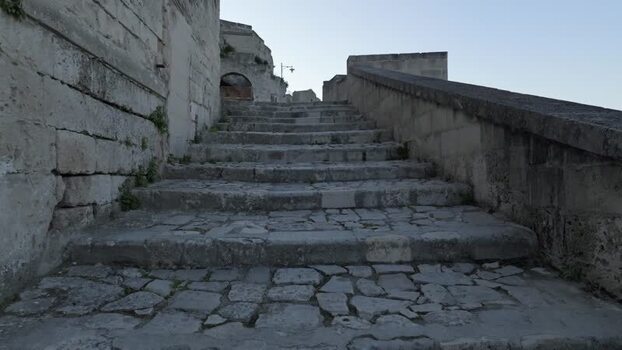 Aerial view of stone stairs in Matera Italy.