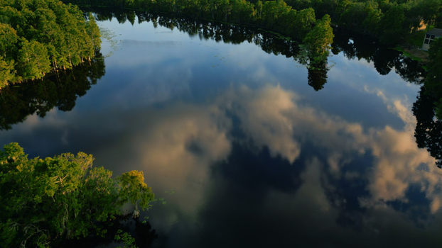 Aerial view of a calm lake reflecting the sky and clouds surrounded by lush green trees in a neighborhood in Tampa Florida United States. Aerial view of a calm lake reflecting the sky and clouds surrounded by lush green trees in a neighborhood in Tampa Florida United States.