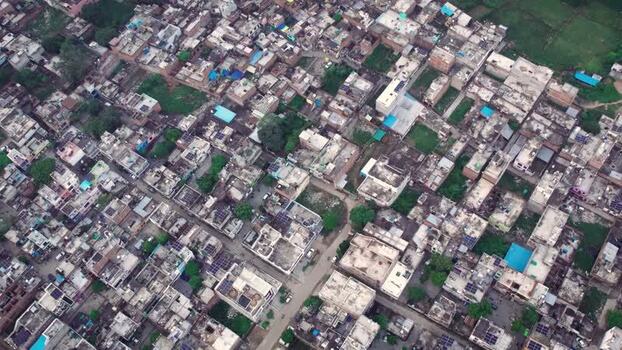 Aerial view of solar panels on rooftops in Lucknow India.