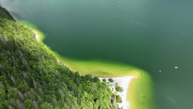 Aerial view of the contrasting deep green waters meeting the light sandy shores framed by the lush forest Le Lieu Vaud Switzerland.