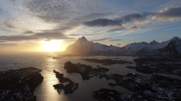 Aerial view of Lofoten islands at sunset Norway.