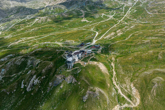 Aerial view of the ski resort facilities and mountain trails at Breuil Cervinia Aosta Valley Italy. Aerial view of the ski resort facilities and mountain trails at Breuil Cervinia Aosta Valley Italy.