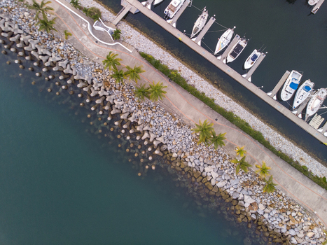 Aerial view of the marina with docked boats along the pier palm trees lining the walkway and stone breakwaters in La Cruz de Huanacaxtle Nayarit Mexico. Aerial view of the marina with docked boats along the pier palm trees lining the walkway and stone breakwaters in La Cruz de Huanacaxtle Nayarit Mexico.
