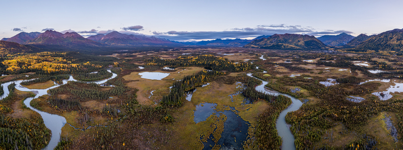 Aerial view of the winding river and wetlands surrounded by autumn foliage and mountains in Slana Alaska United States. Aerial view of the winding river and wetlands surrounded by autumn foliage and mountains in Slana Alaska United States.