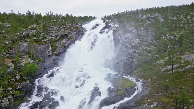 Aerial view of Kjemafossen waterfall in Saltdal Norway.