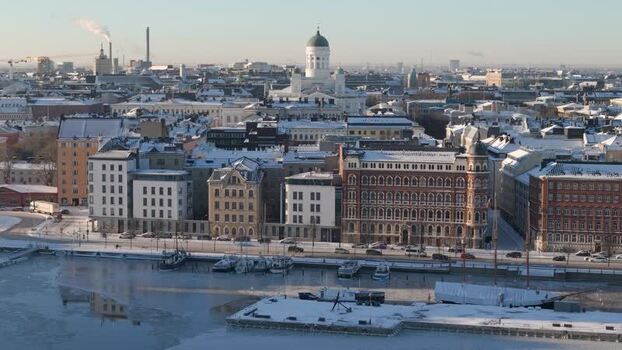 Aerial view of Helsinki Cathedral and city rooftops Finland.