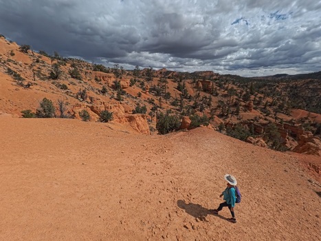Aerial view of a mature woman hiking on a trail through the red rock landscape of Casto Canyon under a cloudy sky in Bryce Canyon City Utah United States.
