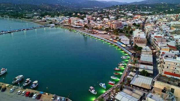 Aerial view of Crete harbor with boats and buildings Greece.
