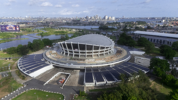 Aerial view of the Wole Soyinka Centre for Culture and Creative Arts National Theatre Nigeria with its unique architecture and solar panels Lagos Lagos Nigeria.