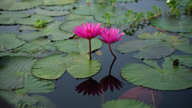 View of pink water lilies blooming in a pond Bangladesh. View of pink water lilies blooming in a pond Bangladesh.