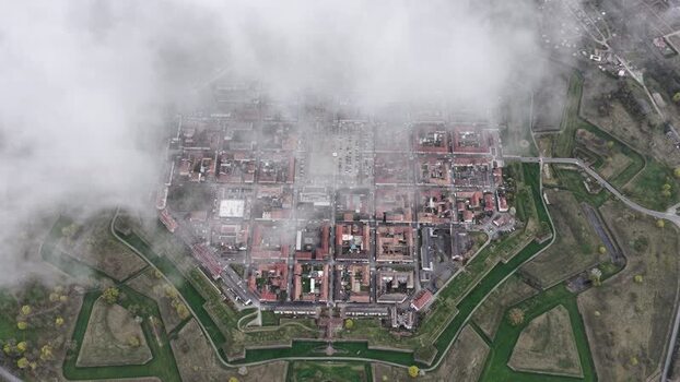 Aerial view of Neuf Brisach under clouds France.