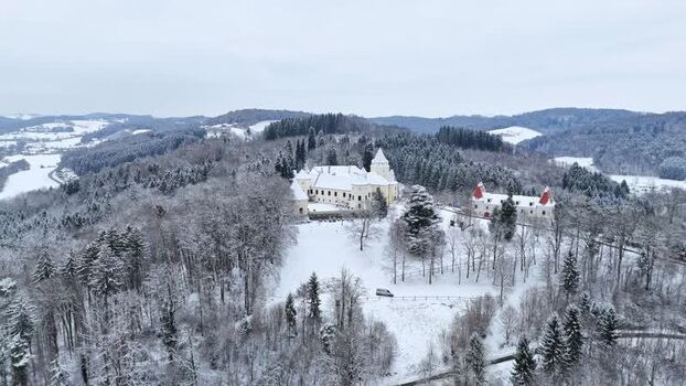 Aerial view of Schloss Kornberg in winter Austria. Aerial view of Schloss Kornberg in winter Austria.