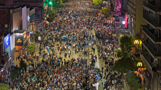 Buenos Aires Argentina 15 July 2026 Aerial view of a massive crowd of football fans celebrating the Argentina vs England semifinal victory at the Cabildo and Juramento intersection in Belgrano. Buenos Aires Argentina 15 July 2026 Aerial view of a massive crowd of football fans celebrating the Argentina vs England semifinal victory at the Cabildo and Juramento intersection in Belgrano.