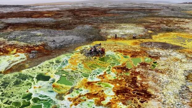 Aerial view of Danakil Desert hydrothermal pools and salt formations Ethiopia. Aerial view of Danakil Desert hydrothermal pools and salt formations Ethiopia.