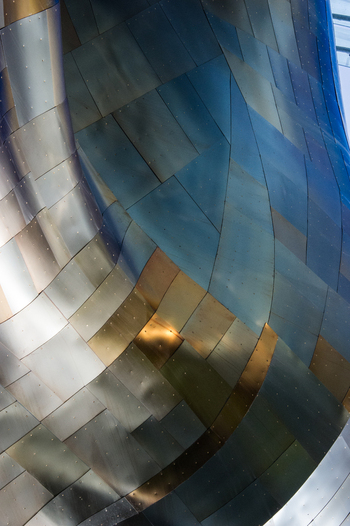 View of the curved metallic panelled exterior of the Museum of Pop Culture in Seattle Washington United States.