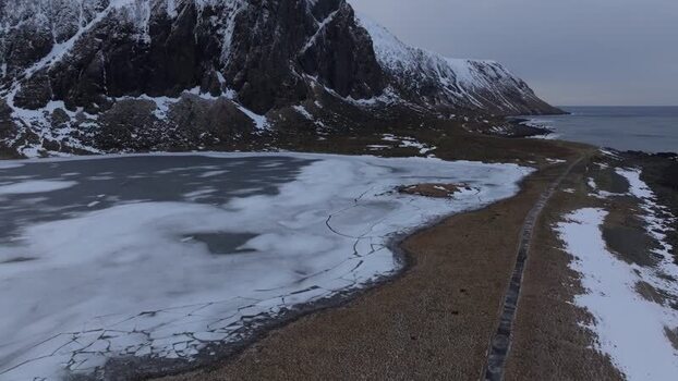 Aerial view of frozen lake in Lofoten Norway.