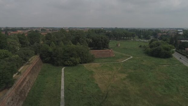 Aerial view of the historic city walls and green parkland Italy. Aerial view of the historic city walls and green parkland Italy.