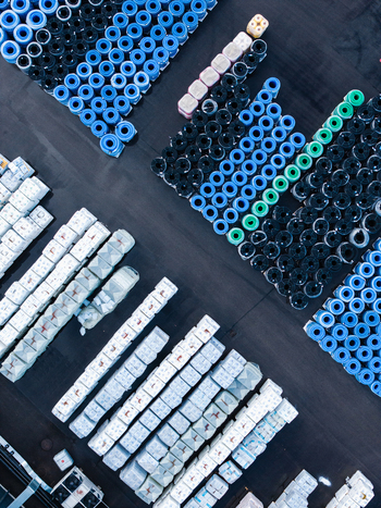 Aerial view of industrial storage yard with rows of blue black and green polymer pipes and packaged components in Jelgava Latvia. Aerial view of industrial storage yard with rows of blue black and green polymer pipes and packaged components in Jelgava Latvia.