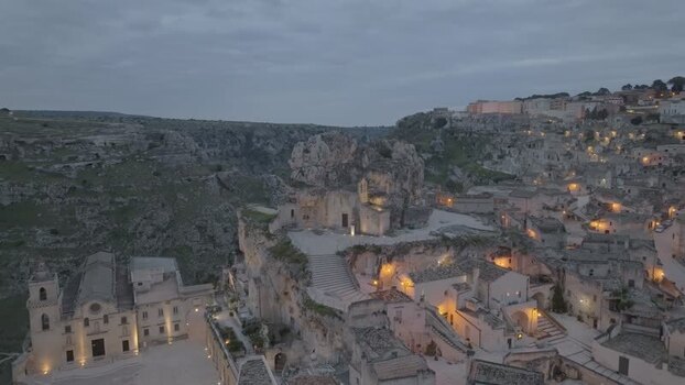 Aerial view of Sassi di Matera at dusk Italy.