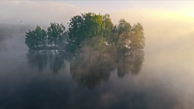 Aerial view of Venekotensee island in morning mist Germany.