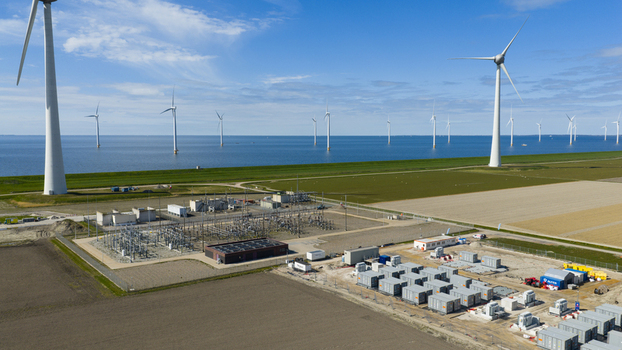 Espel Netherlands 04 April 2026 Aerial view of Construction of Battery Energy Storage System at Westermeerdijk Wind Park Espel Netherlands 04 April 2026 Aerial view of Construction of Battery Energy Storage System at Westermeerdijk Wind Park