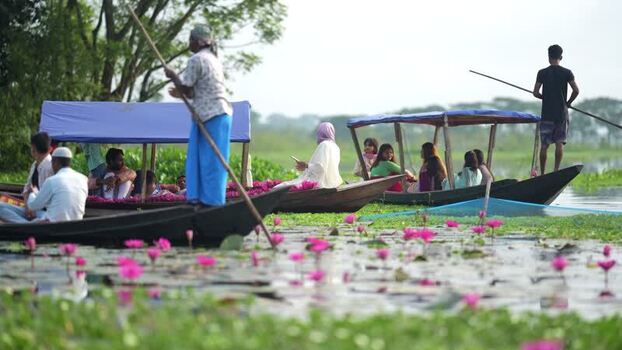 View of people on boats in a water lily pond Bangladesh. View of people on boats in a water lily pond Bangladesh.