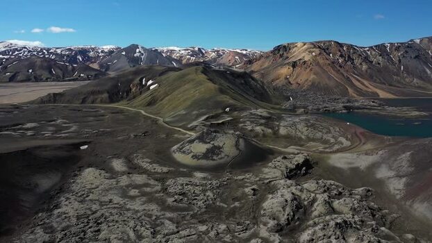 Aerial view of Stutur crater in the volcanic landscape Iceland.