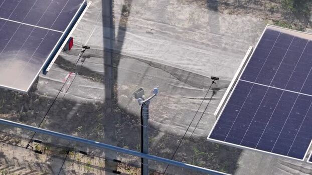 Aerial view of solar panels in a field Italy.