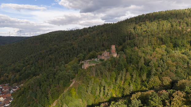 Aerial view of Burg Freudenburg surrounded by lush forest and rolling hills in Freudenberg Baden Wurttemberg Germany.