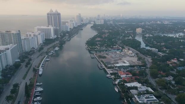 Aerial view of Miami Beach canal and skyline United States.