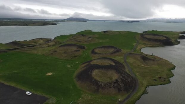Aerial view of Skutustadagigar pseudocraters in Iceland.