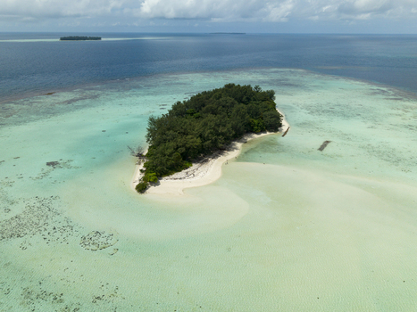 Aerial view of a lush island surrounded by shallow turquoise waters meeting the deep blue sea at the horizon Karimunjawa Central Java Indonesia.
