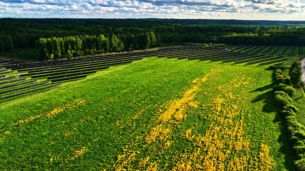 Aerial view of a solar farm with rows of photovoltaic panels in a green field with yellow flowers surrounded by forest under a blue sky in Latvija. Aerial view of a solar farm with rows of photovoltaic panels in a green field with yellow flowers surrounded by forest under a blue sky in Latvija.