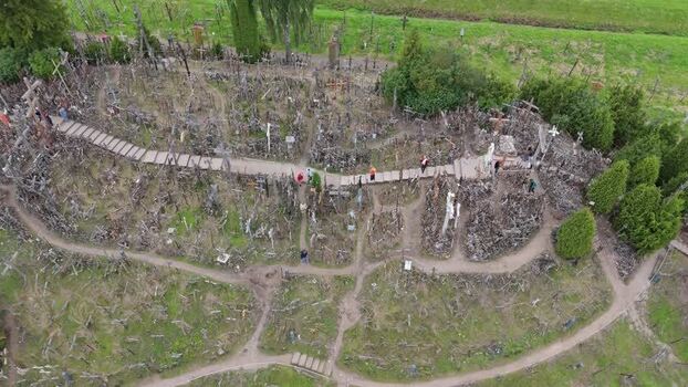 Aerial view of Hill of Crosses in Jurgaiciai Lithuania.