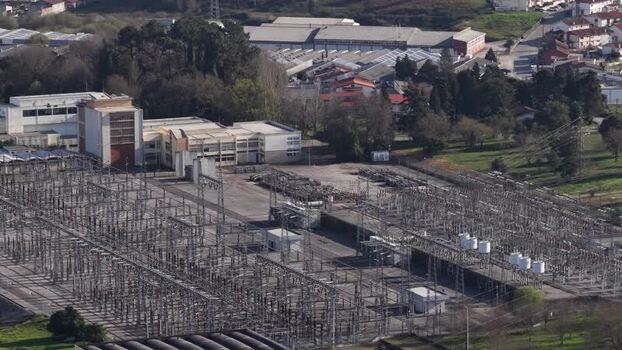 Aerial view of power station structures Portugal.