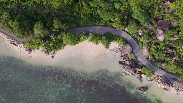 Aerial view of coastal road on Praslin island Seychelles.