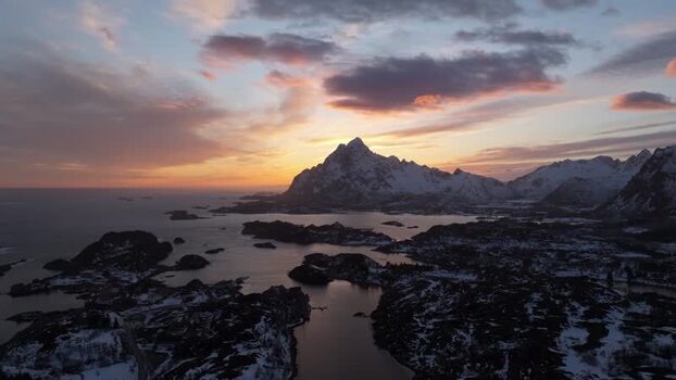 Aerial view of Lofoten mountains at sunset Norway.